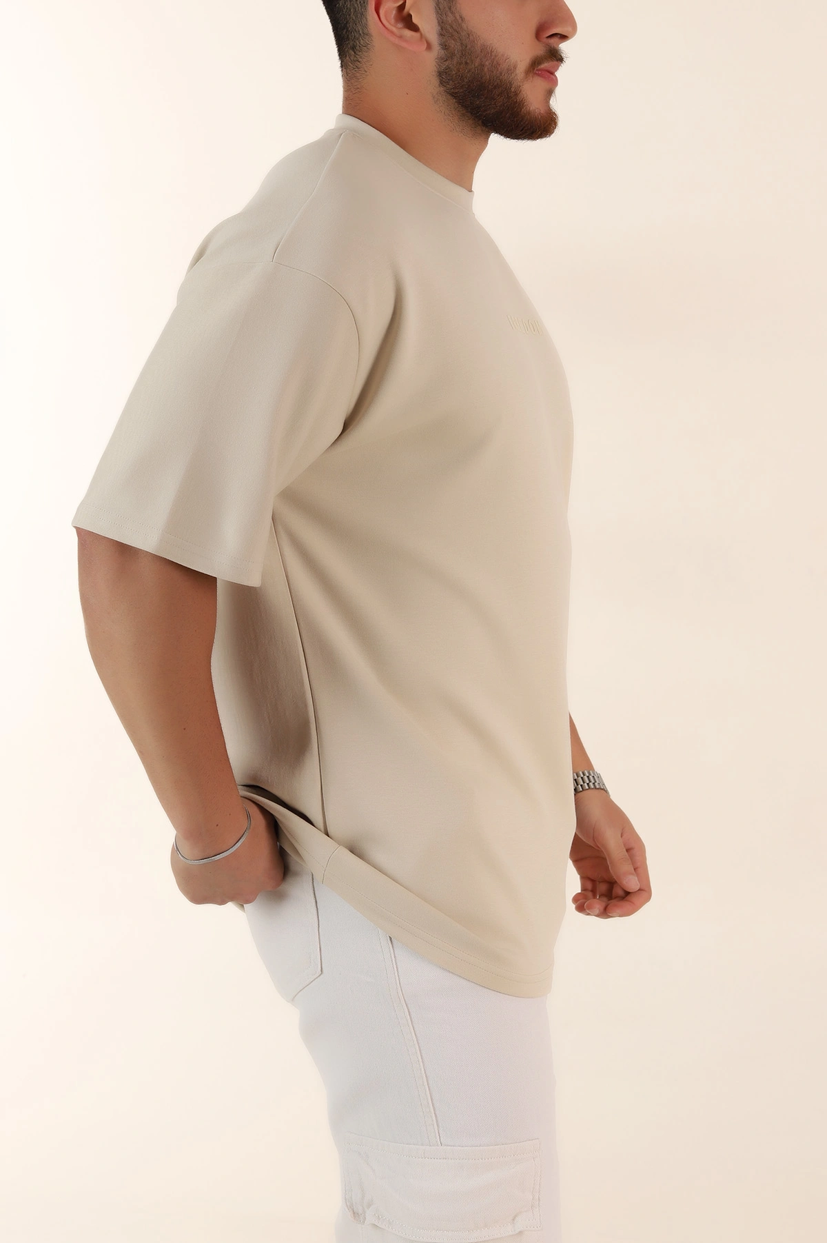 Krem Oversize Oysho Kumaş Kabartma Yazılı Erkek Tişört 365098