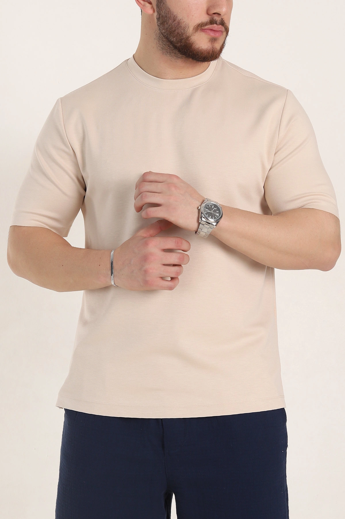 Krem Oversize Oysho Kumaş Yırtmaç Detaylı Basic Erkek Tişört 354220