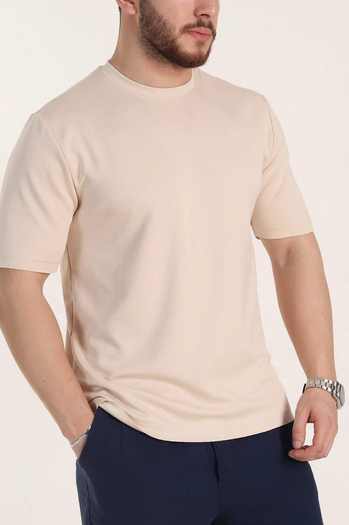 Krem Oversize Oysho Kumaş Yırtmaç Detaylı Basic Erkek Tişört 354220