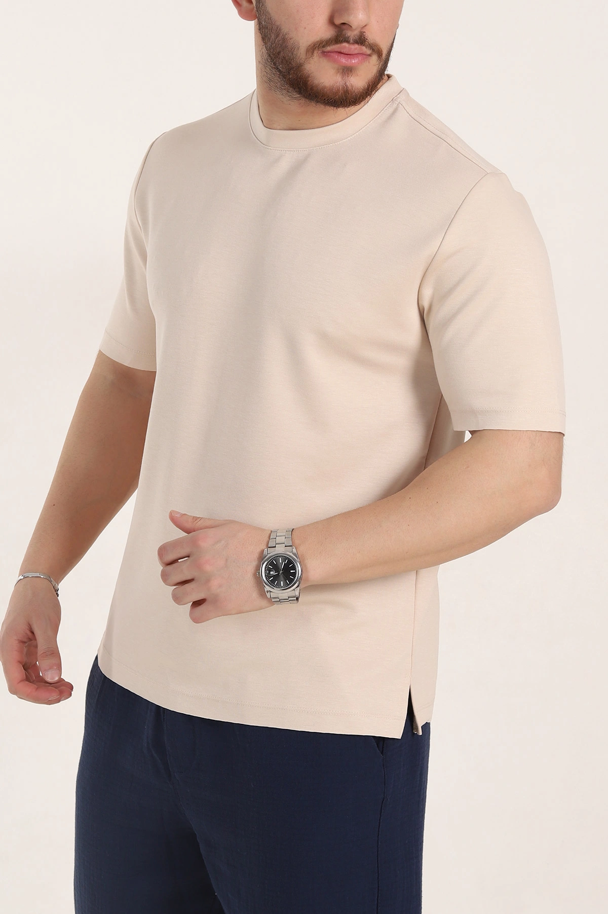 Krem Oversize Oysho Kumaş Yırtmaç Detaylı Basic Erkek Tişört 354220