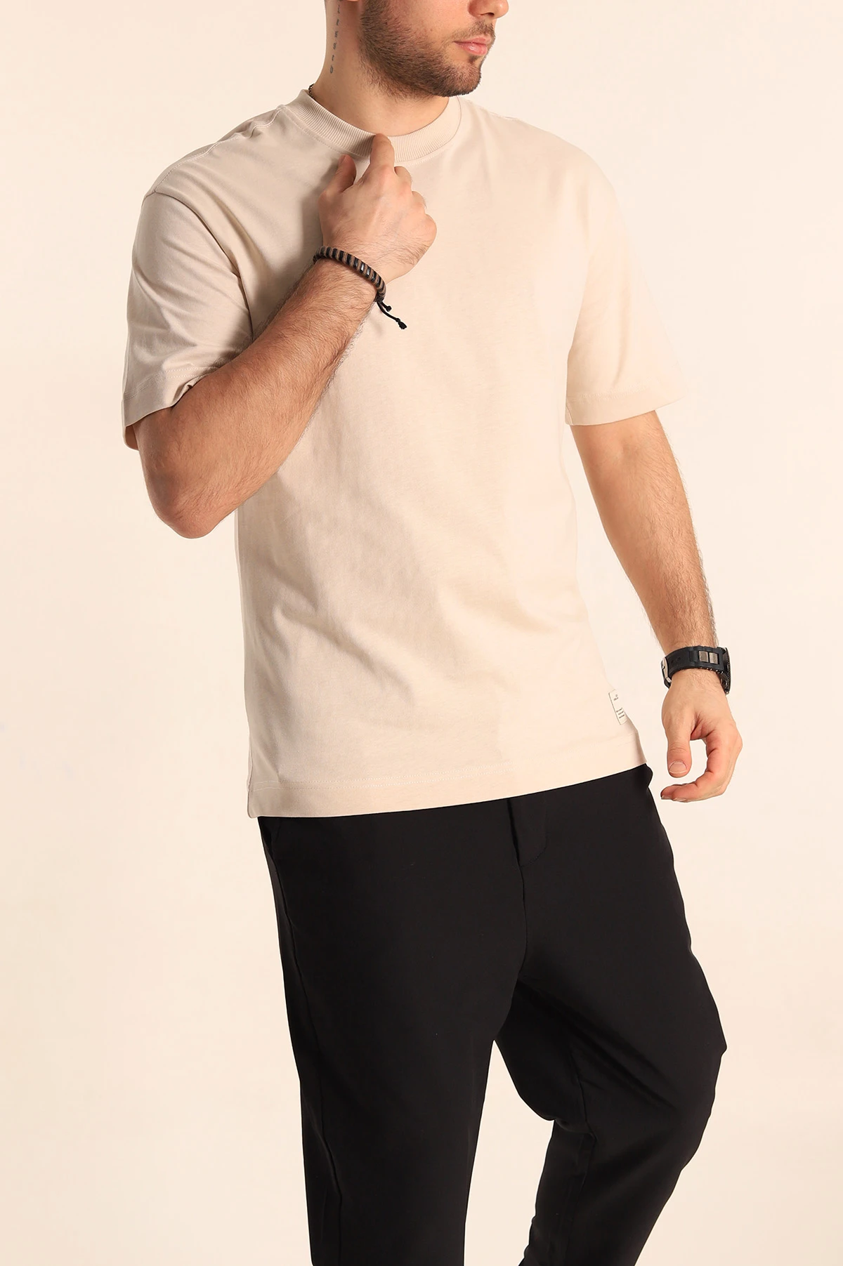 Krem Oversize Suprem Basic Erkek Tişört 254693