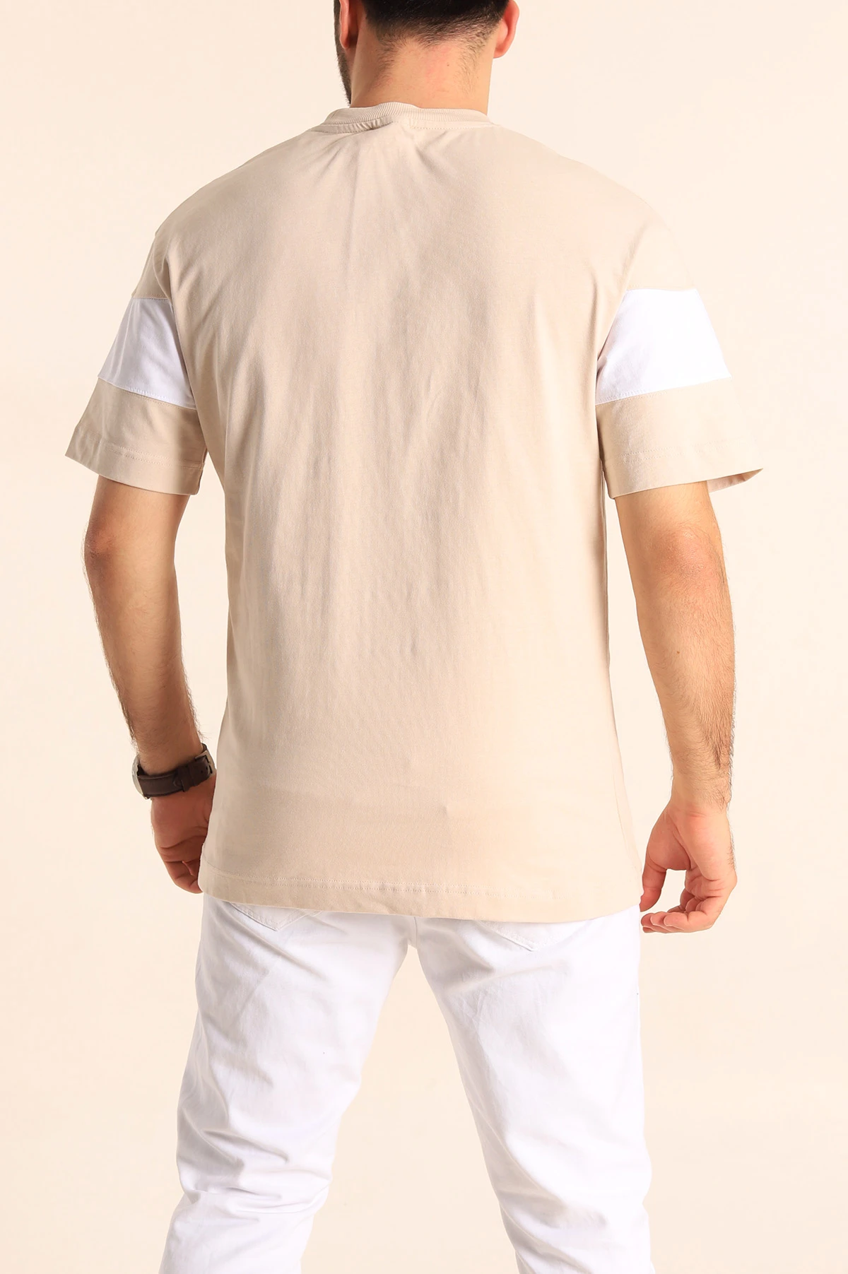 Krem Oversize Suprem Parçalı Erkek Tişört 249448