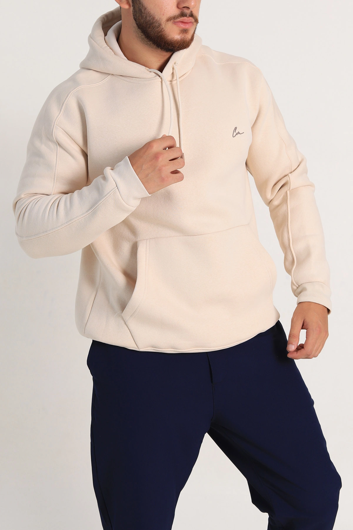 Krem Oversize Üç İp Şardonlu Kapüşonlu Sweatshirt 300918