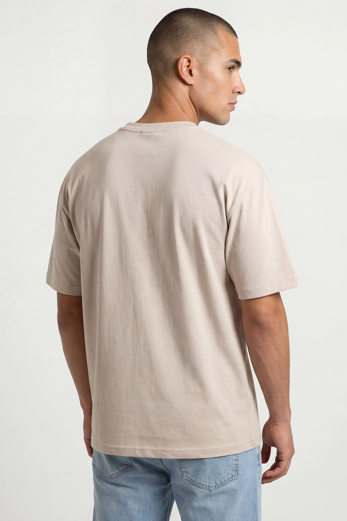 Krem Oysho Kumaş Oversize Bisiklet Yaka Erkek Tişört 438911