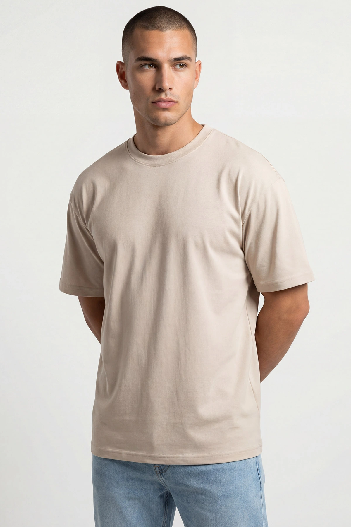 Krem Oysho Kumaş Oversize Bisiklet Yaka Erkek Tişört 438911