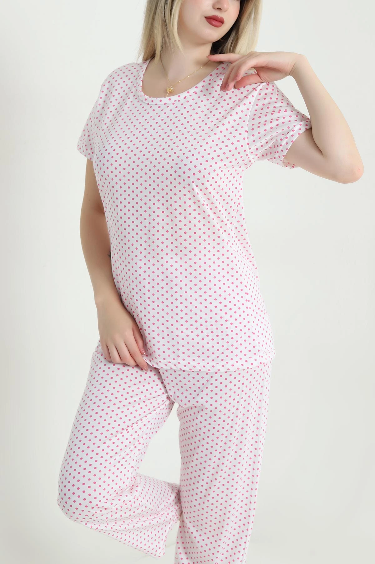 Krem Pembe Desenli Viskon Kadın Pijama Takımı 466616