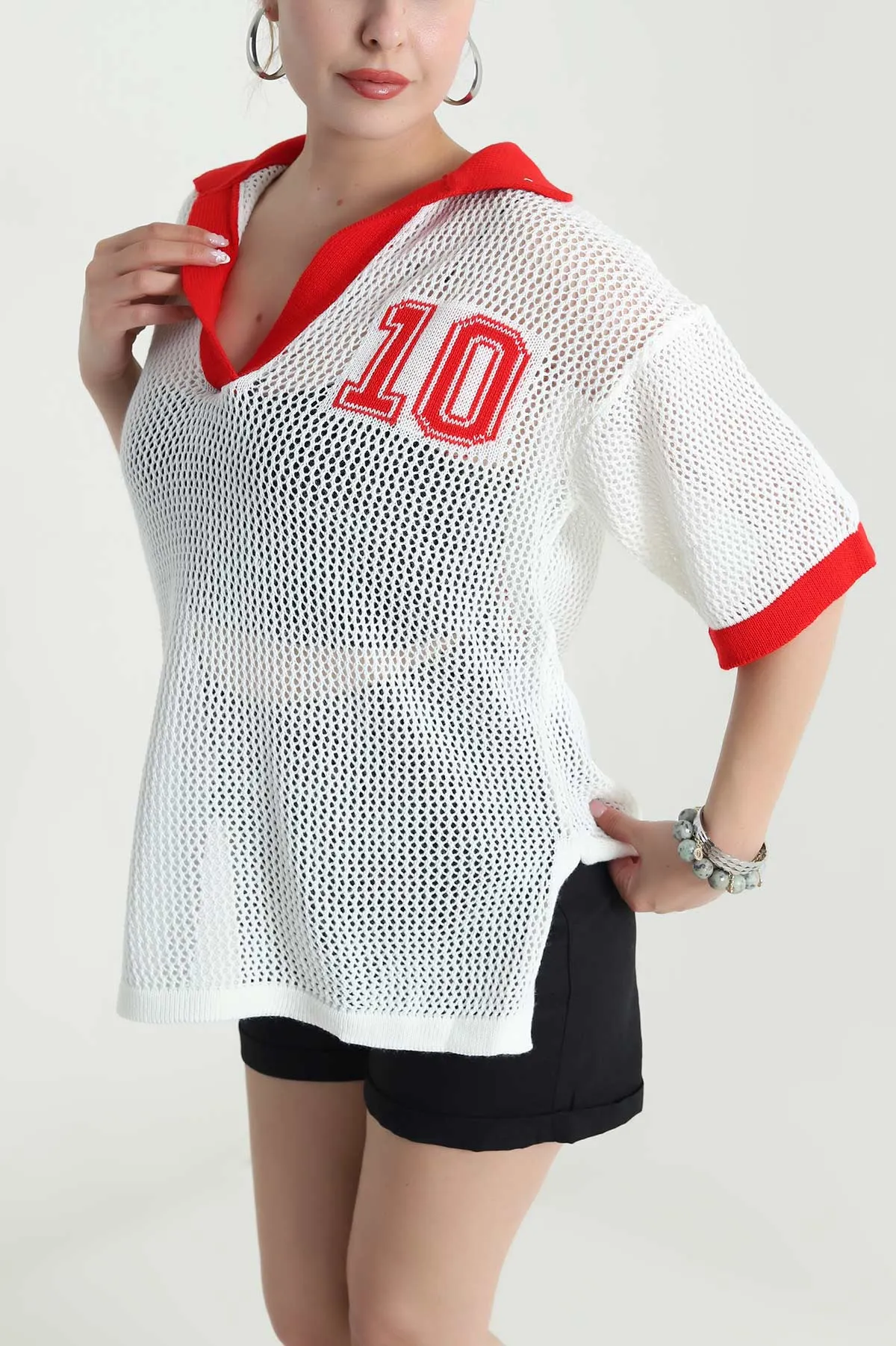 Krem Polo Yaka Ajurlu Triko 477711