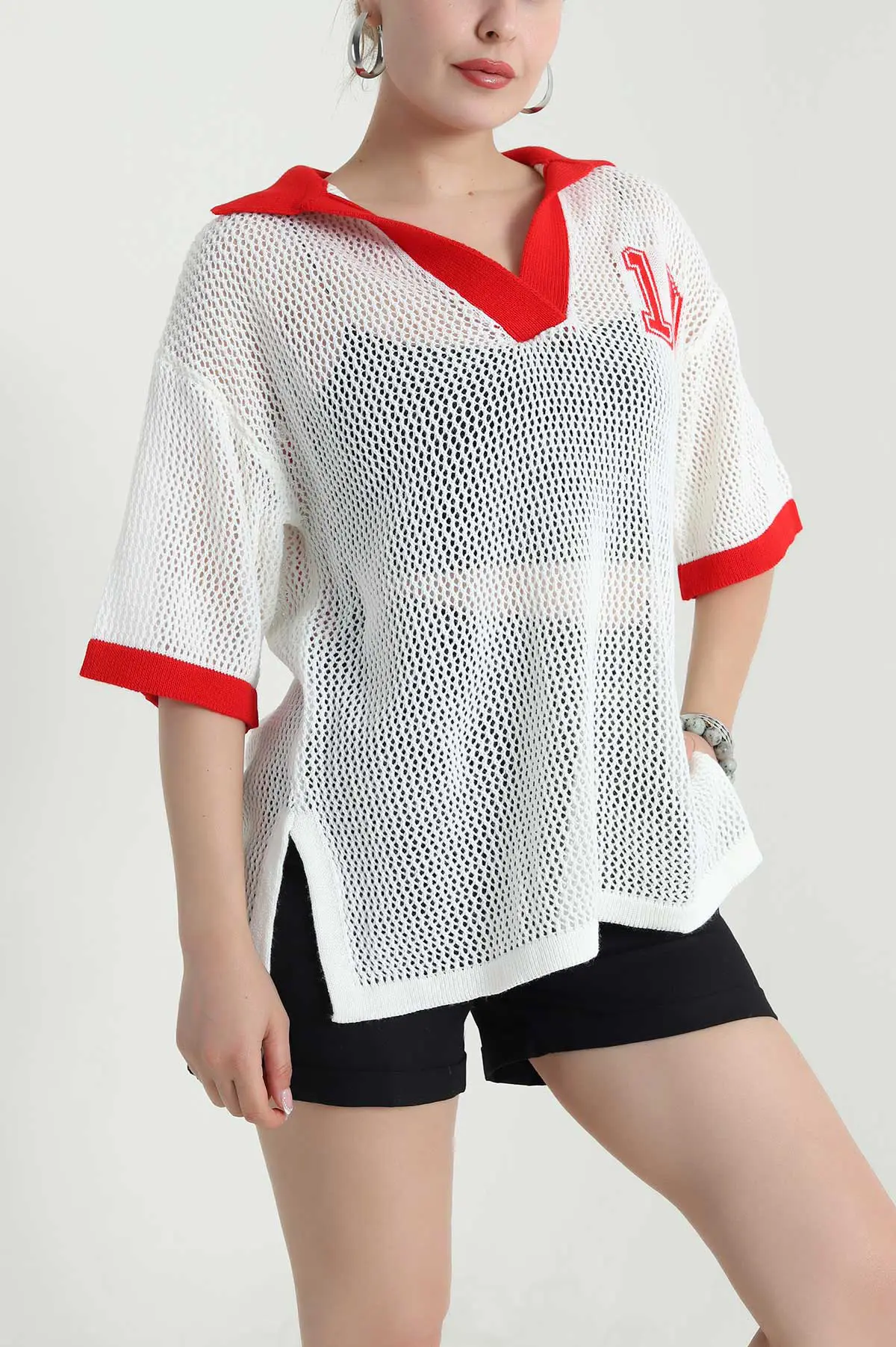 Krem Polo Yaka Ajurlu Triko 477711