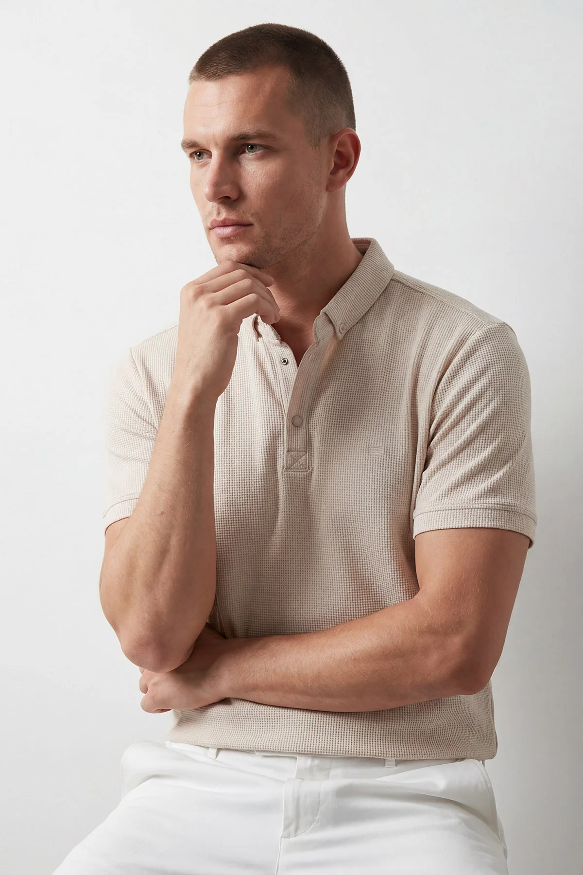 Krem Polo Yaka Likralı Erkek Tişört 433069