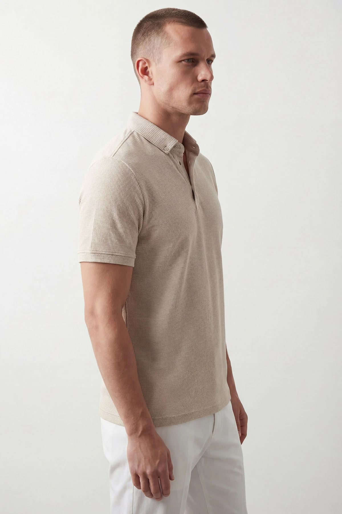 Krem Polo Yaka Likralı Erkek Tişört 433069