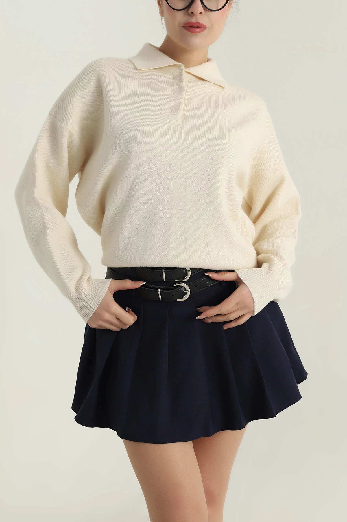 Krem Polo Yaka Triko Kadın Kazak 403820