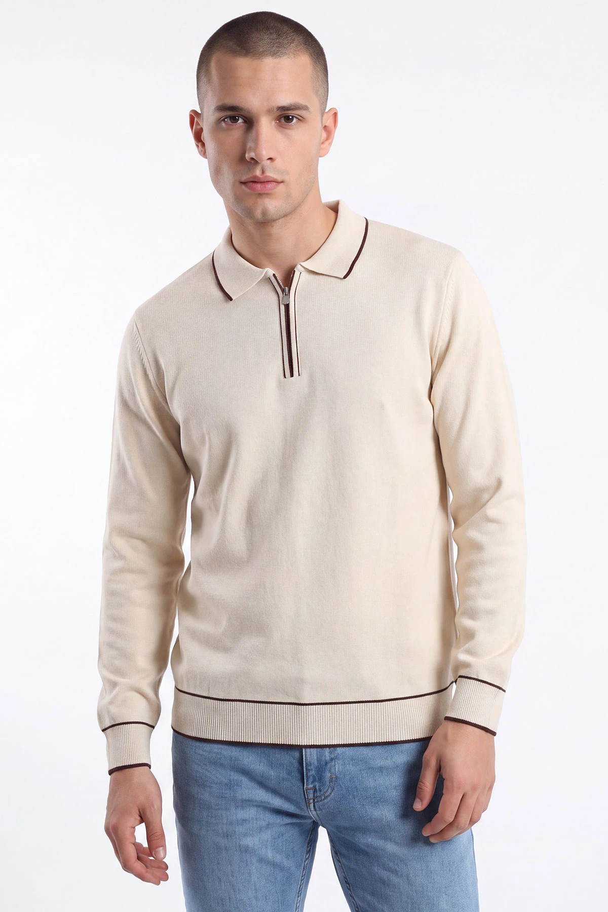 Krem Polo Yaka Yarım Fermuarlı Erkek Triko Kazak 482812
