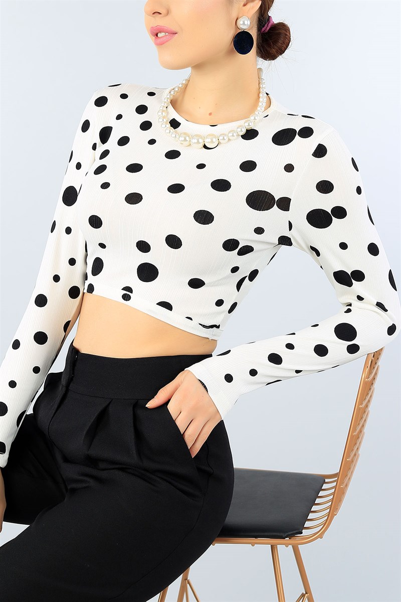 Krem Puantiyeli Crop Bluz 45072