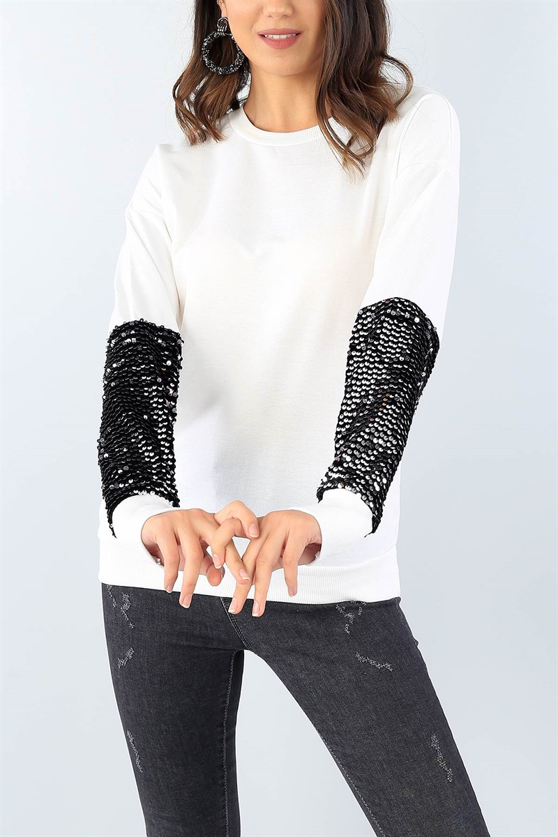 Krem Pul Payet İşlemeli Bayan Sweat 38942