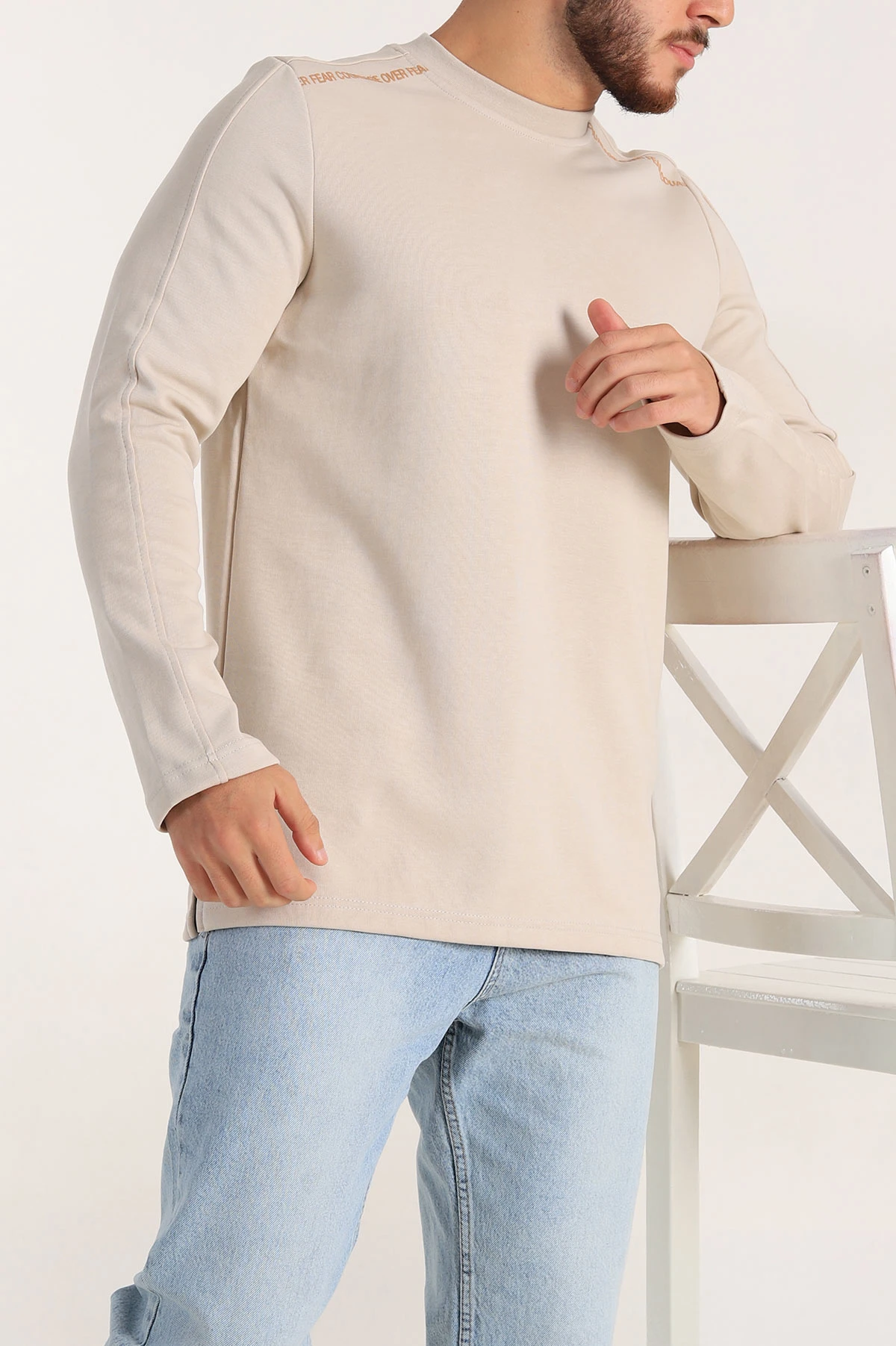 Krem Regular Fit Baskı Detay Erkek Basic Sweatshirt 305713