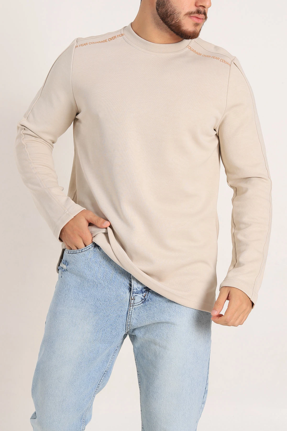Krem Regular Fit Baskı Detay Erkek Basic Sweatshirt 305713