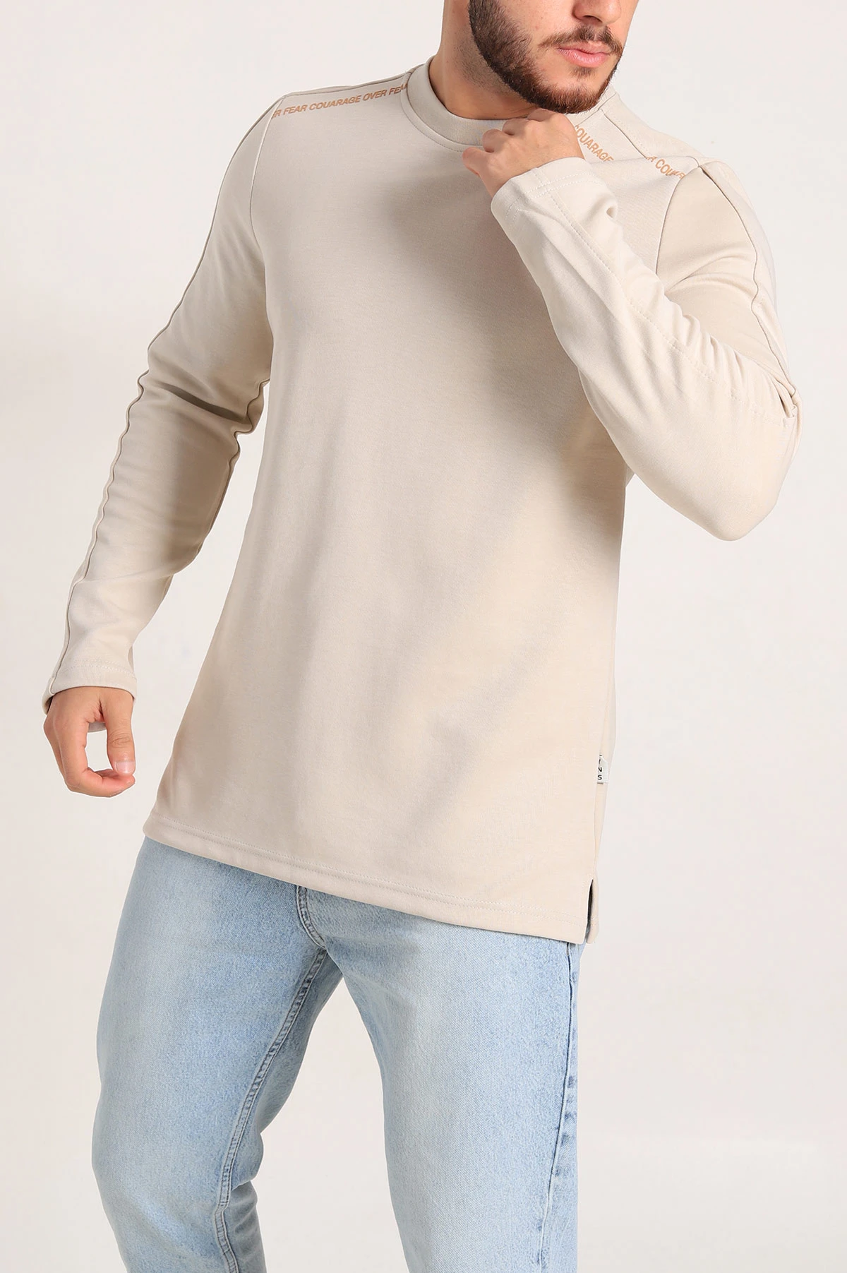 Krem Regular Fit Baskı Detay Erkek Basic Sweatshirt 305713