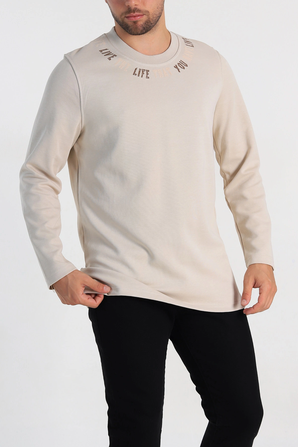 Krem Regular Fit Baskı Detaylı Erkek Sweatshirt 305841