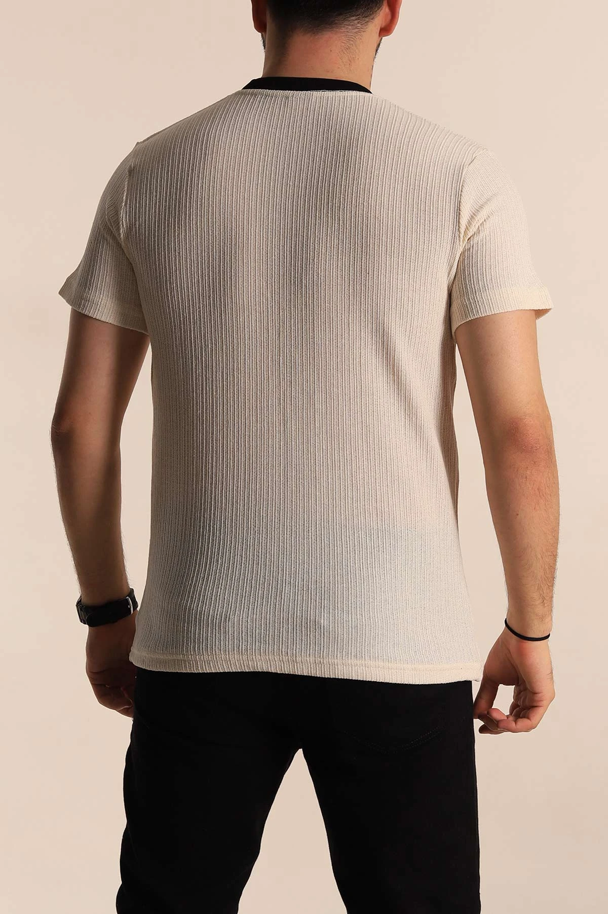 Krem Regular Fit Cep Detaylı Triko Örme Erkek Tişört 268381