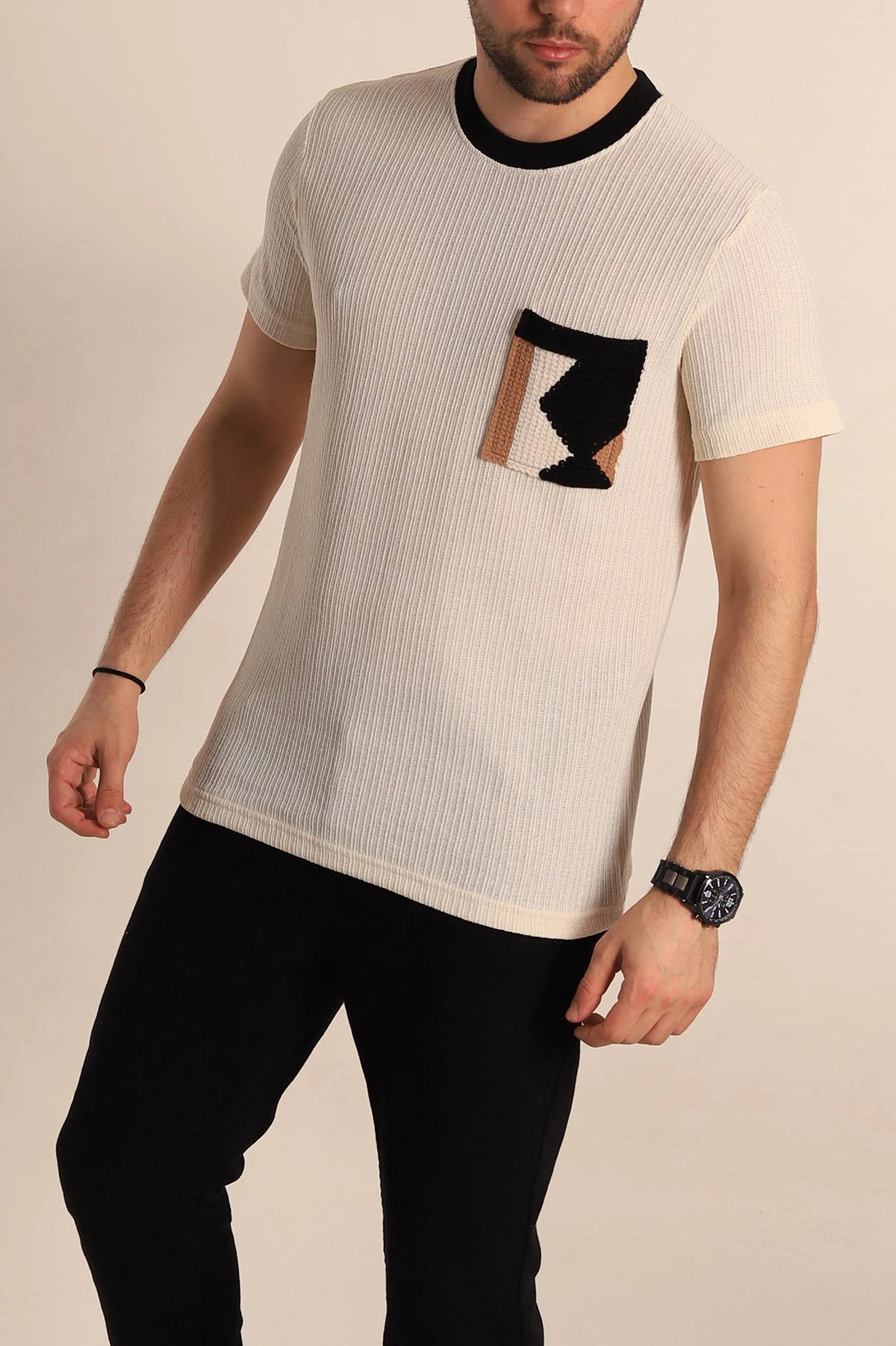 Krem Regular Fit Cep Detaylı Triko Örme Erkek Tişört 268381