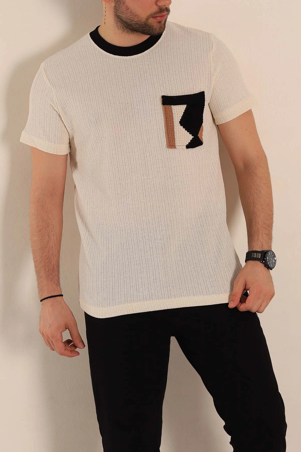 Krem Regular Fit Cep Detaylı Triko Örme Erkek Tişört 268381