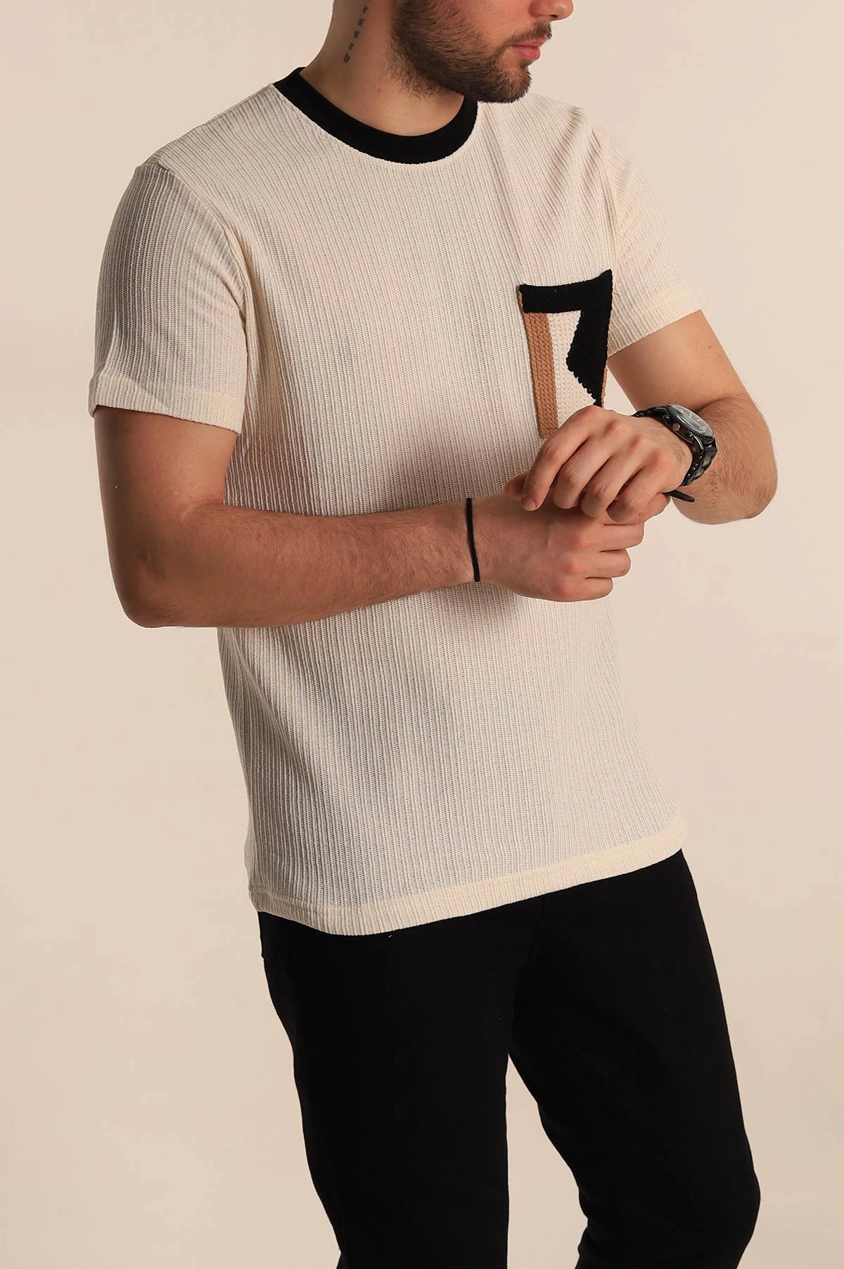 Krem Regular Fit Cep Detaylı Triko Örme Erkek Tişört 268381