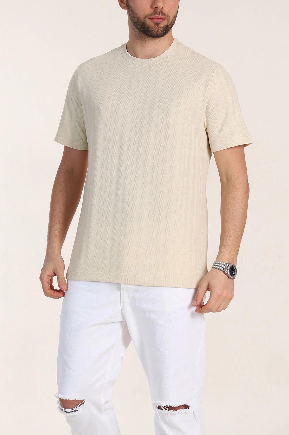 Krem Regular Fit Çizgi Dokulu Basic Erkek Tişört 348081