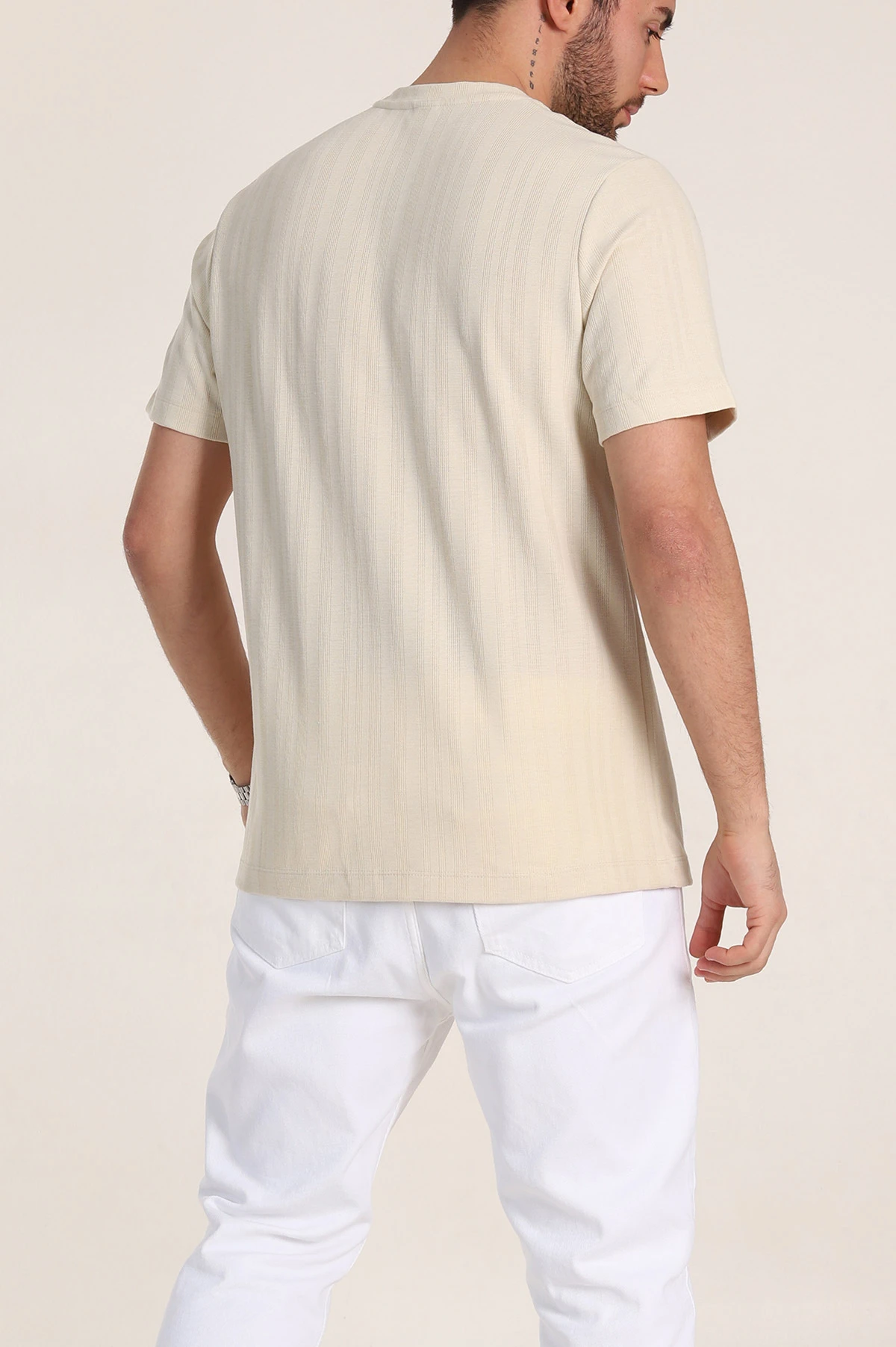 Krem Regular Fit Çizgi Dokulu Basic Erkek Tişört 348081