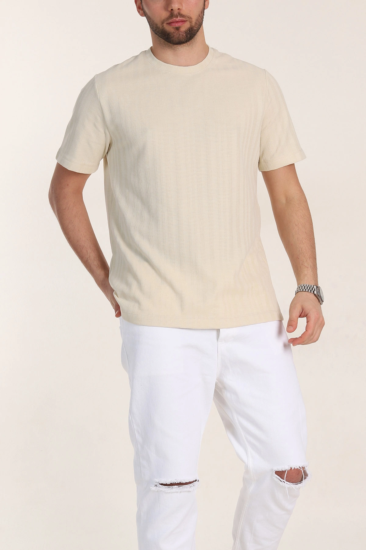 Krem Regular Fit Çizgi Dokulu Basic Erkek Tişört 348081
