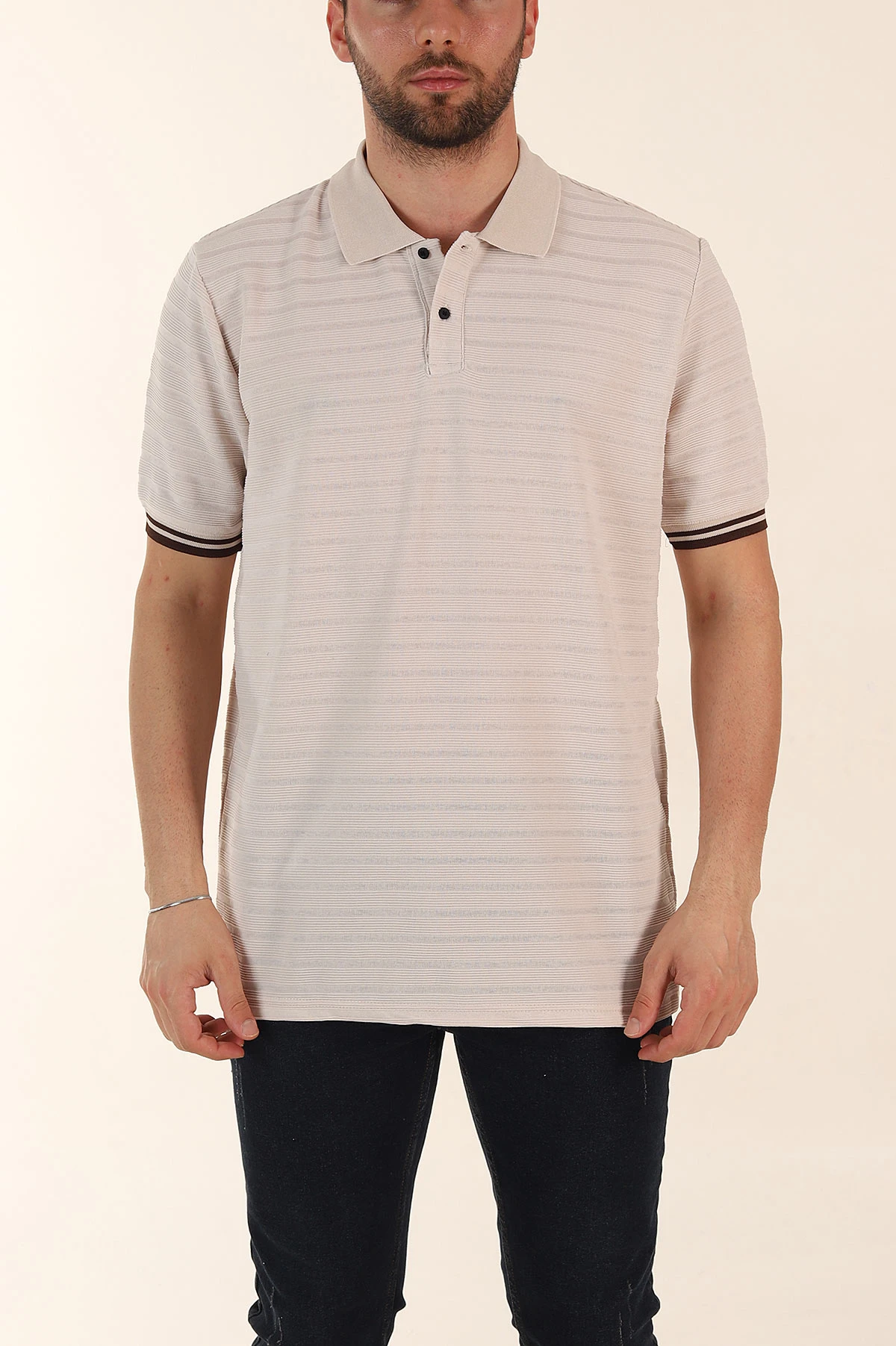 Krem Regular Fit Çizgi Dokulu Fermuarlı Polo Yaka Erkek Triko Tişört 370064