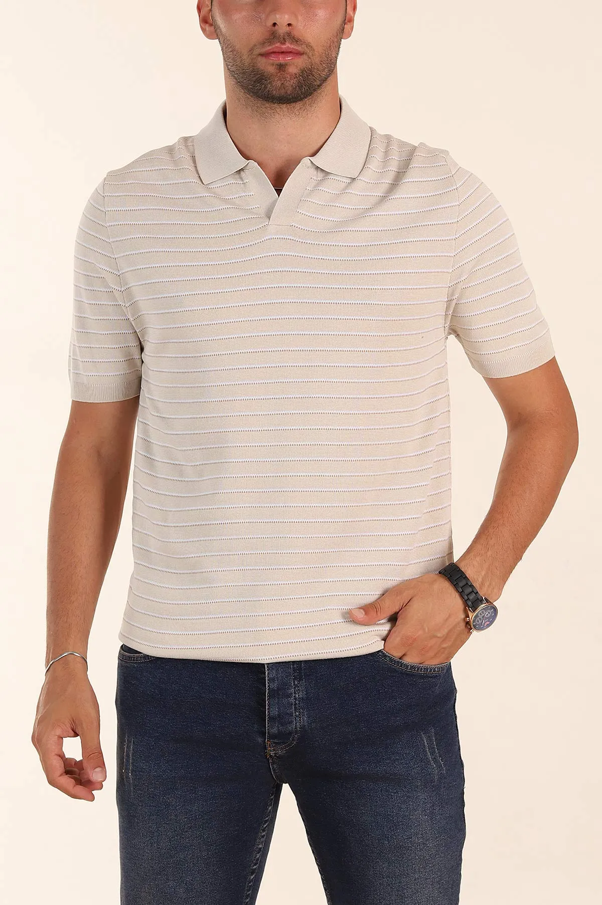 Krem Regular Fit Çizgili Apaş Yaka Triko Tişört 254688