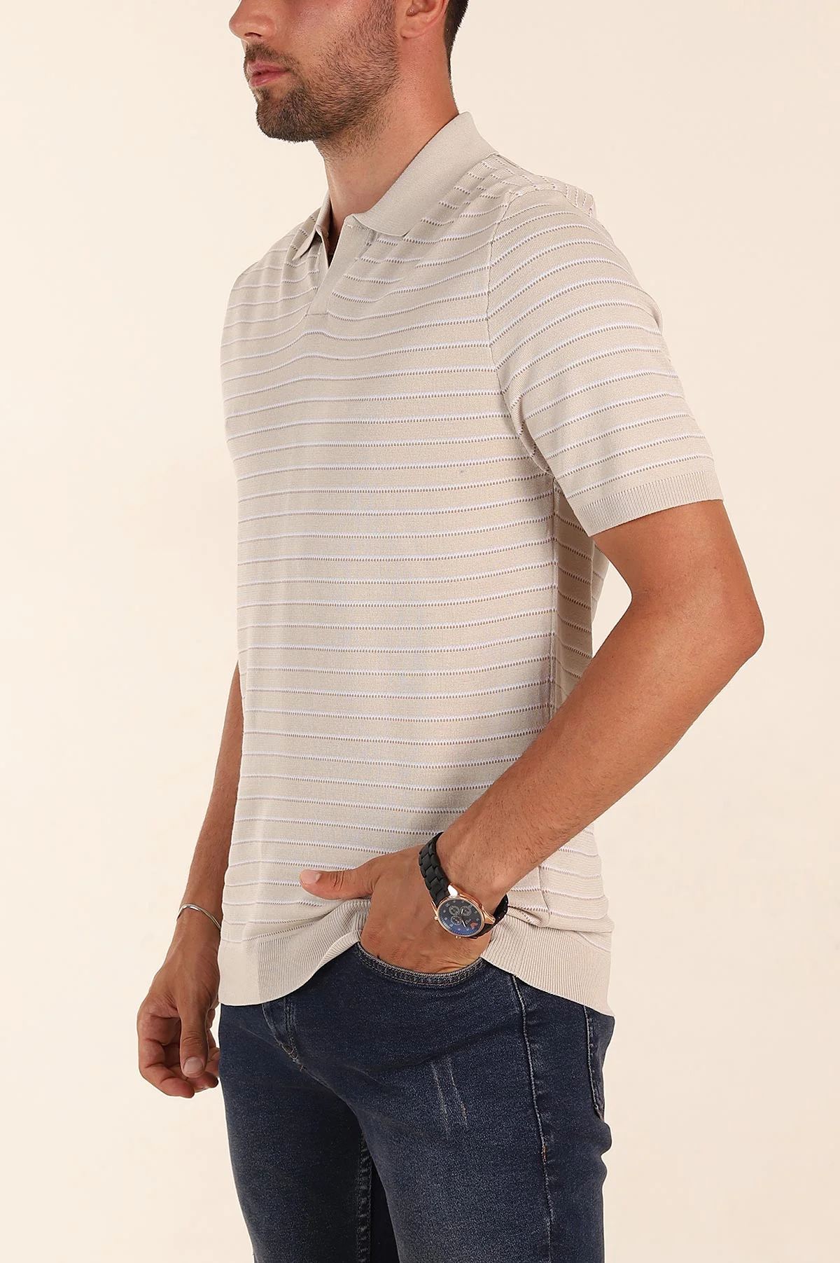 Krem Regular Fit Çizgili Apaş Yaka Triko Tişört 254688