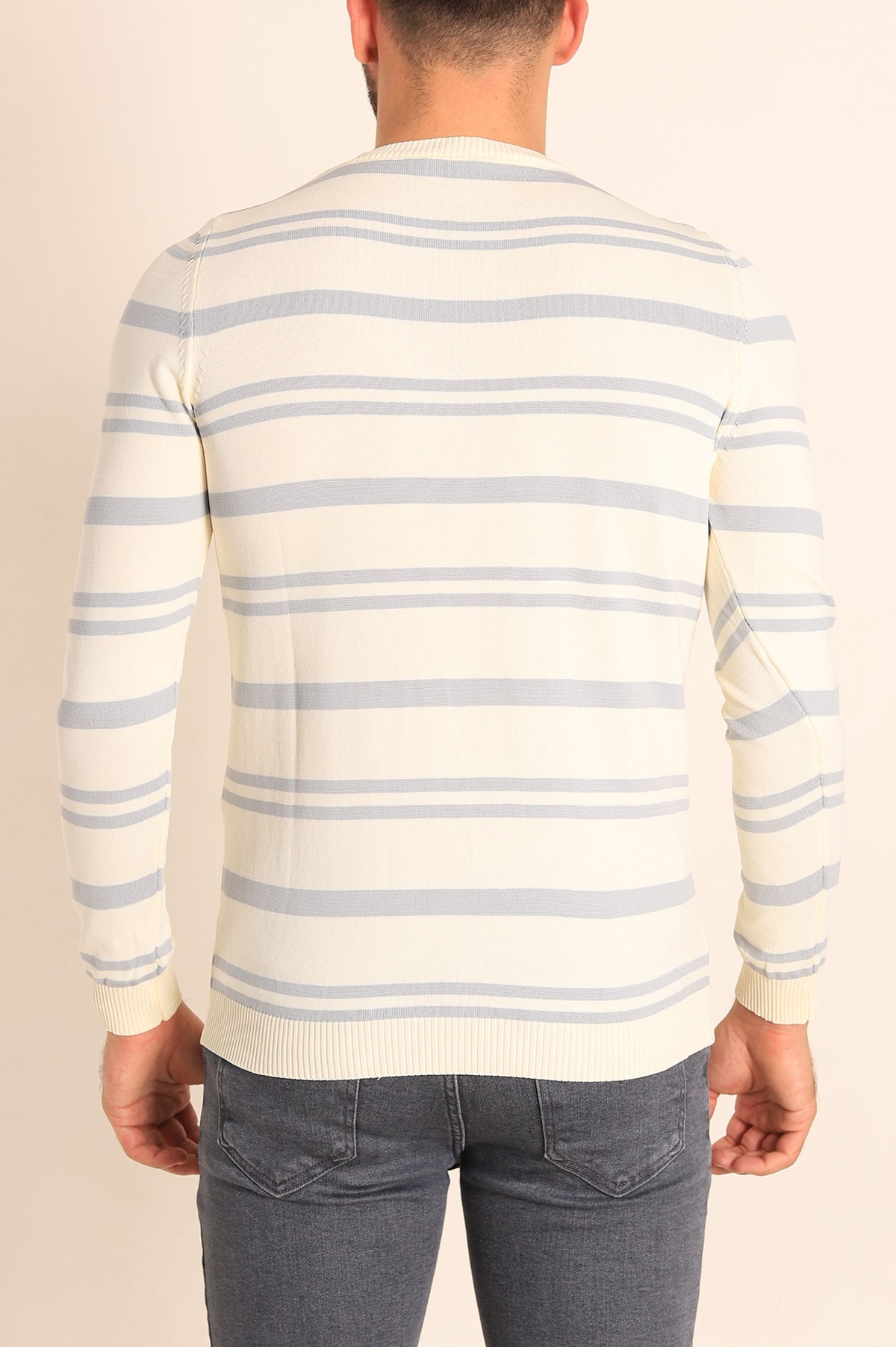 Krem Regular Fit Çizgili Triko Kazak 213860