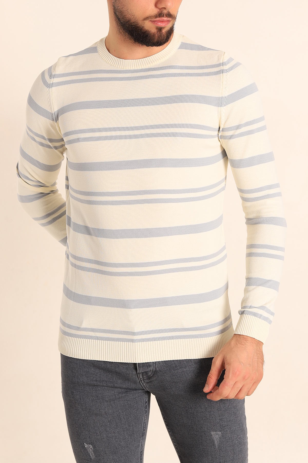 Krem Regular Fit Çizgili Triko Kazak 213860