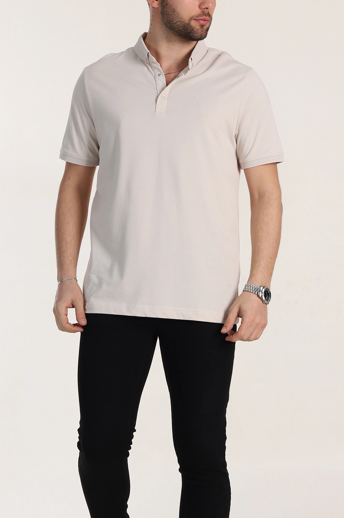 Krem Regular Fit Dokulu Polo Yaka Erkek Tişört 342491