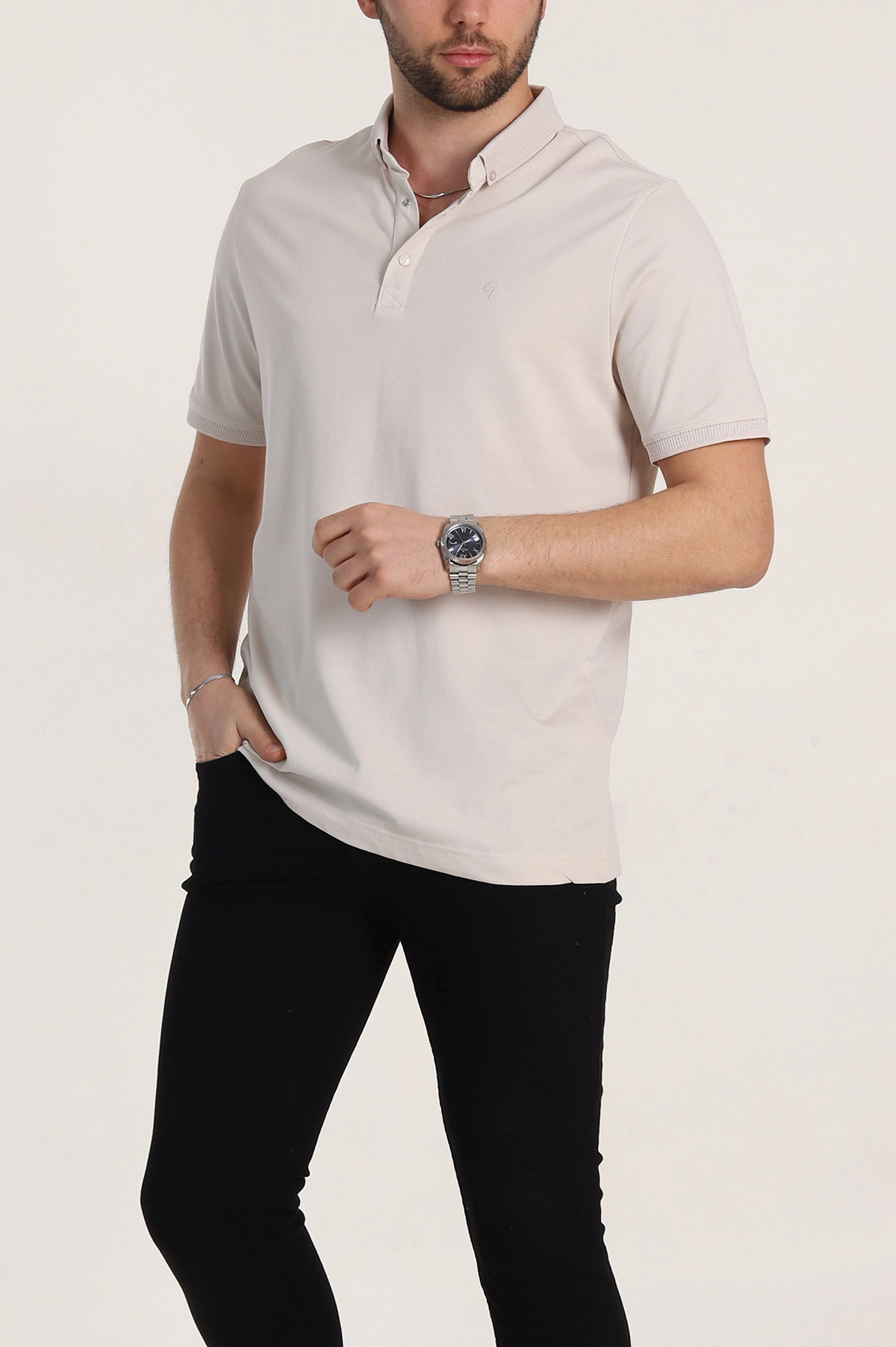 Krem Regular Fit Dokulu Polo Yaka Erkek Tişört 342491
