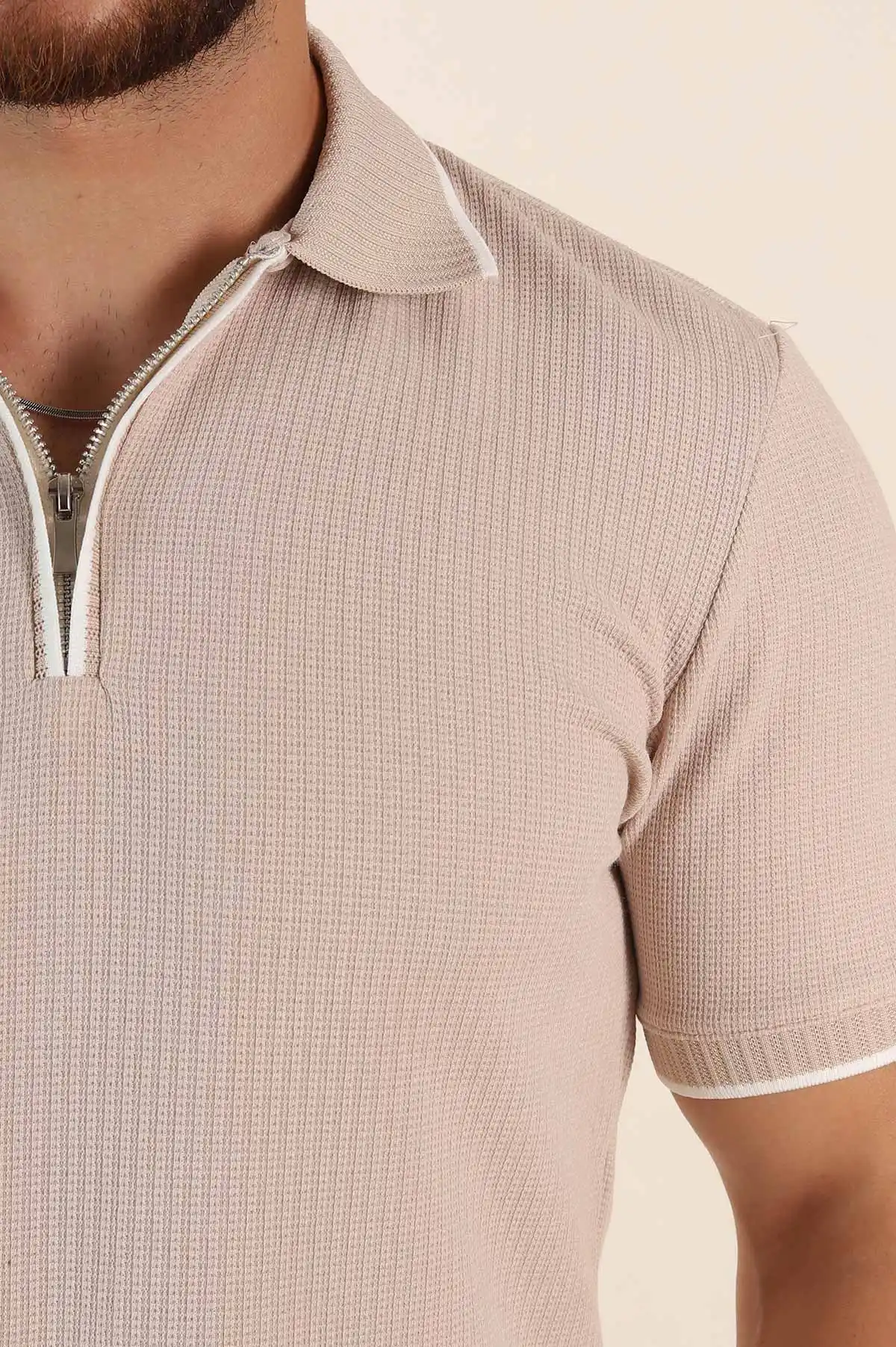 Krem Regular Fit Dokulu Polo Yaka Erkek Triko Tişört 369370