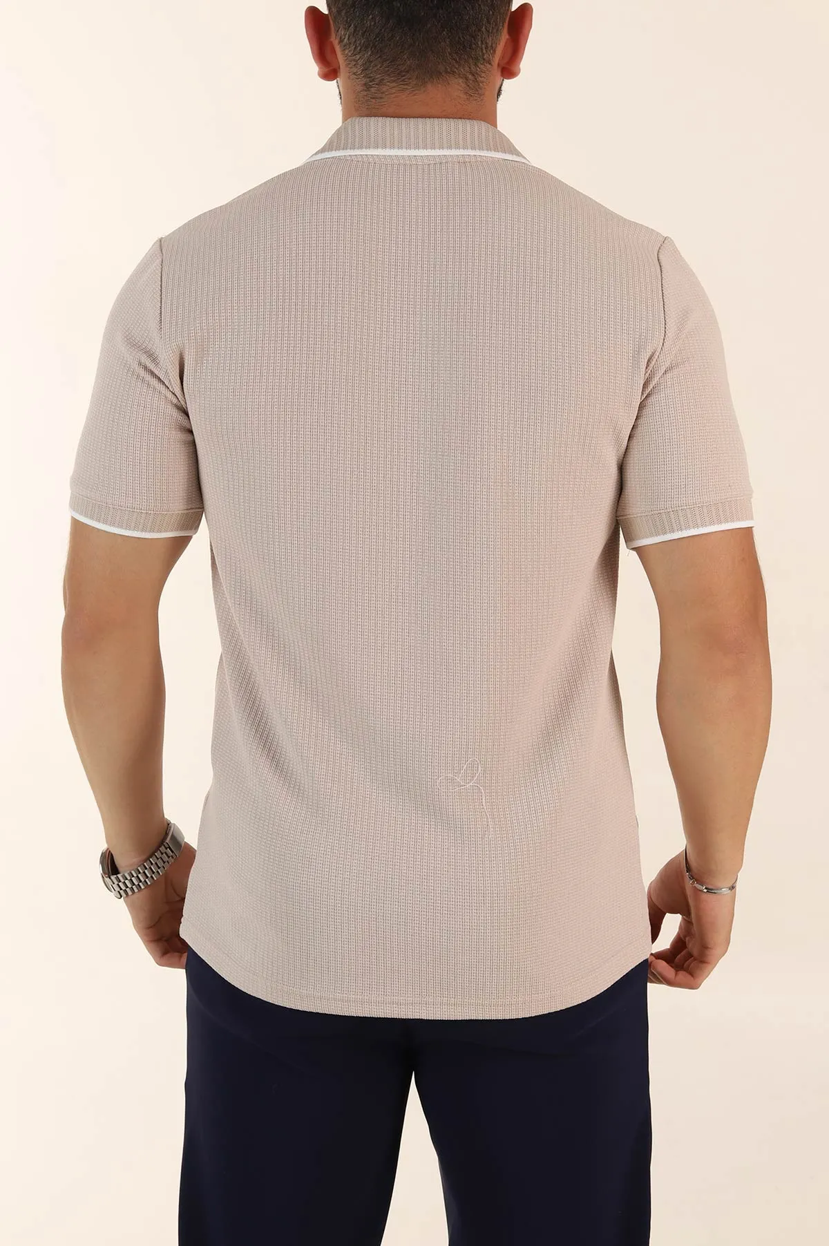 Krem Regular Fit Dokulu Polo Yaka Erkek Triko Tişört 369370