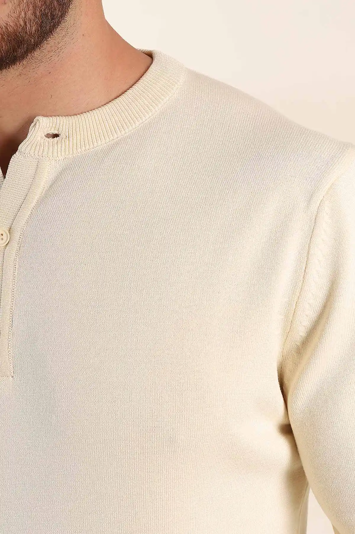 Krem Regular Fit Düğmeli Yaka Uzun Kollu Triko 393306