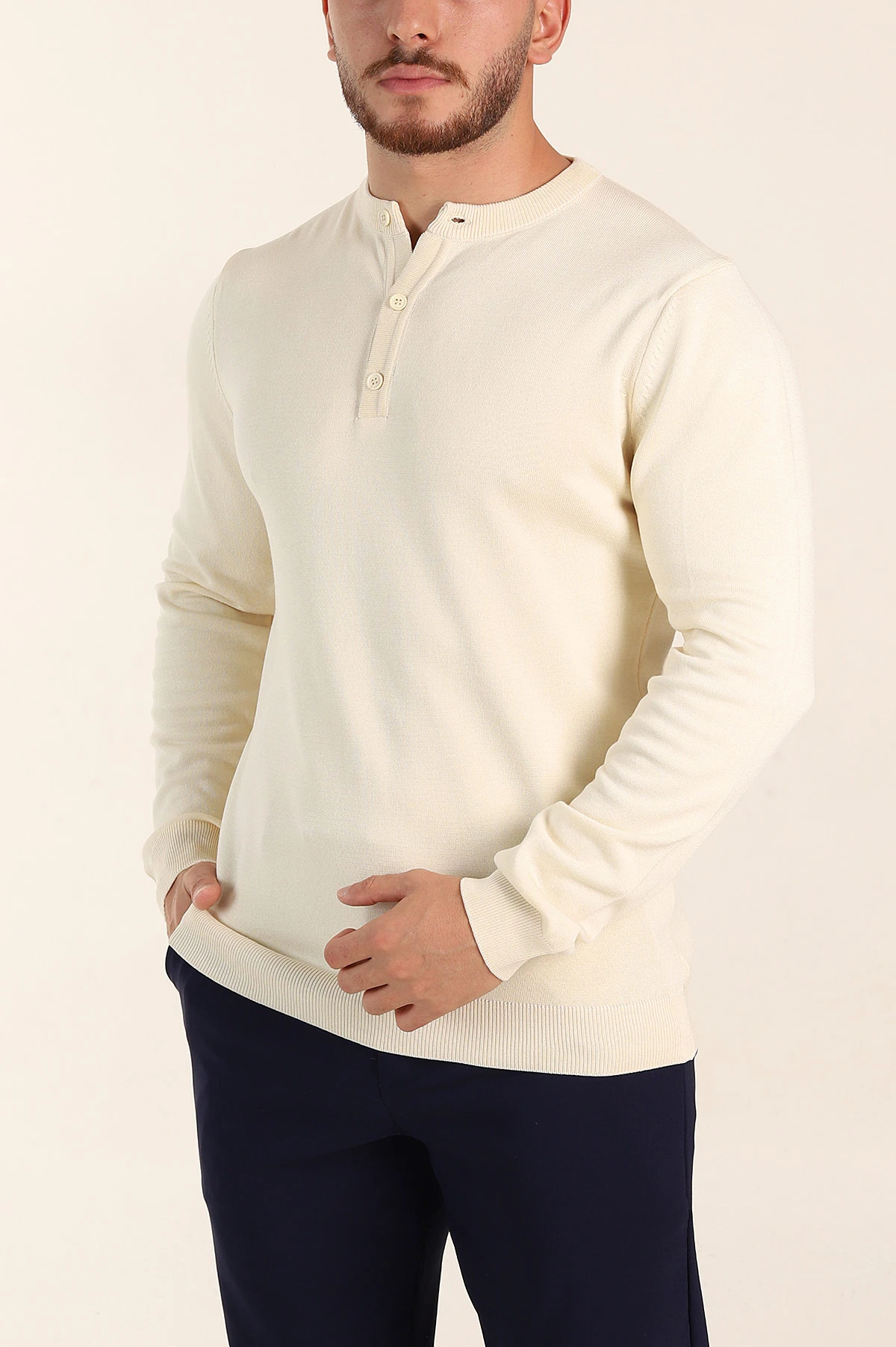 Krem Regular Fit Düğmeli Yaka Uzun Kollu Triko 393306