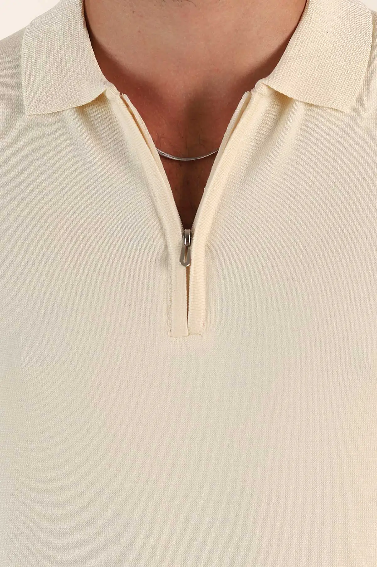Krem Regular Fit Fermuarlı Polo Yaka Uzun Kollu Triko 393301