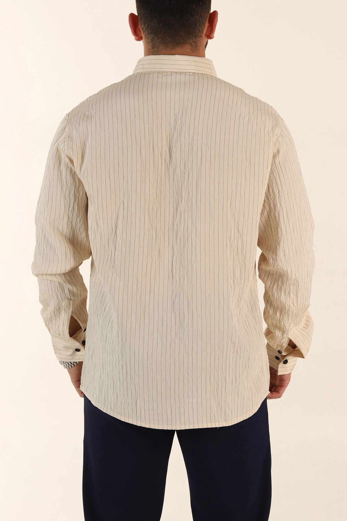 Krem Regular Fit İnce Çizgili Uzun Kollu Erkek Gömlek 369340