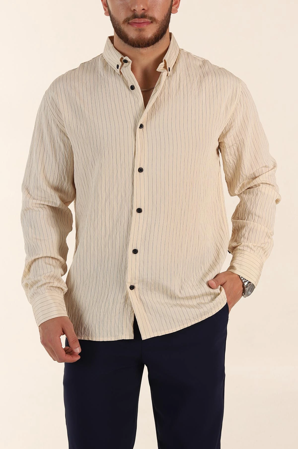 Krem Regular Fit İnce Çizgili Uzun Kollu Erkek Gömlek 369340