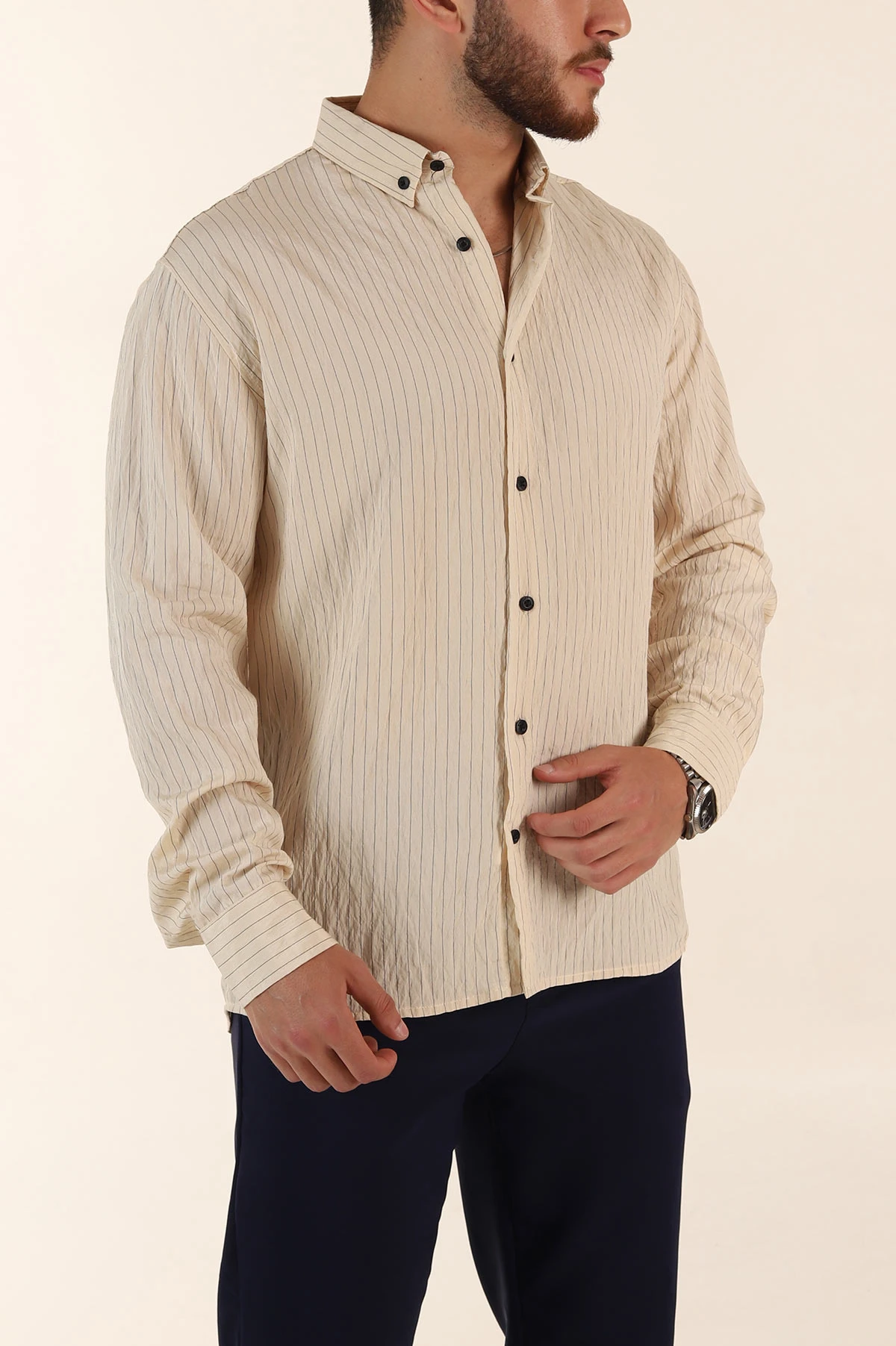 Krem Regular Fit İnce Çizgili Uzun Kollu Erkek Gömlek 369340
