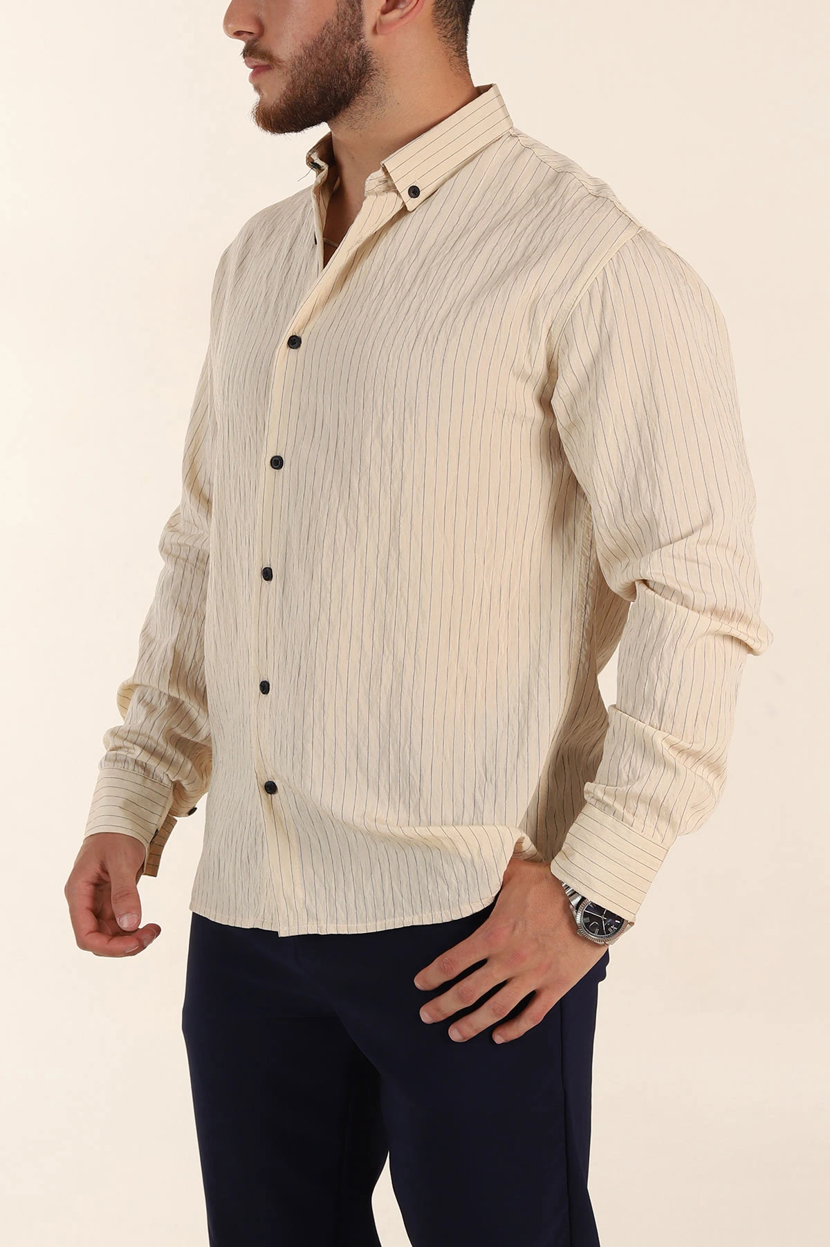 Krem Regular Fit İnce Çizgili Uzun Kollu Erkek Gömlek 369340