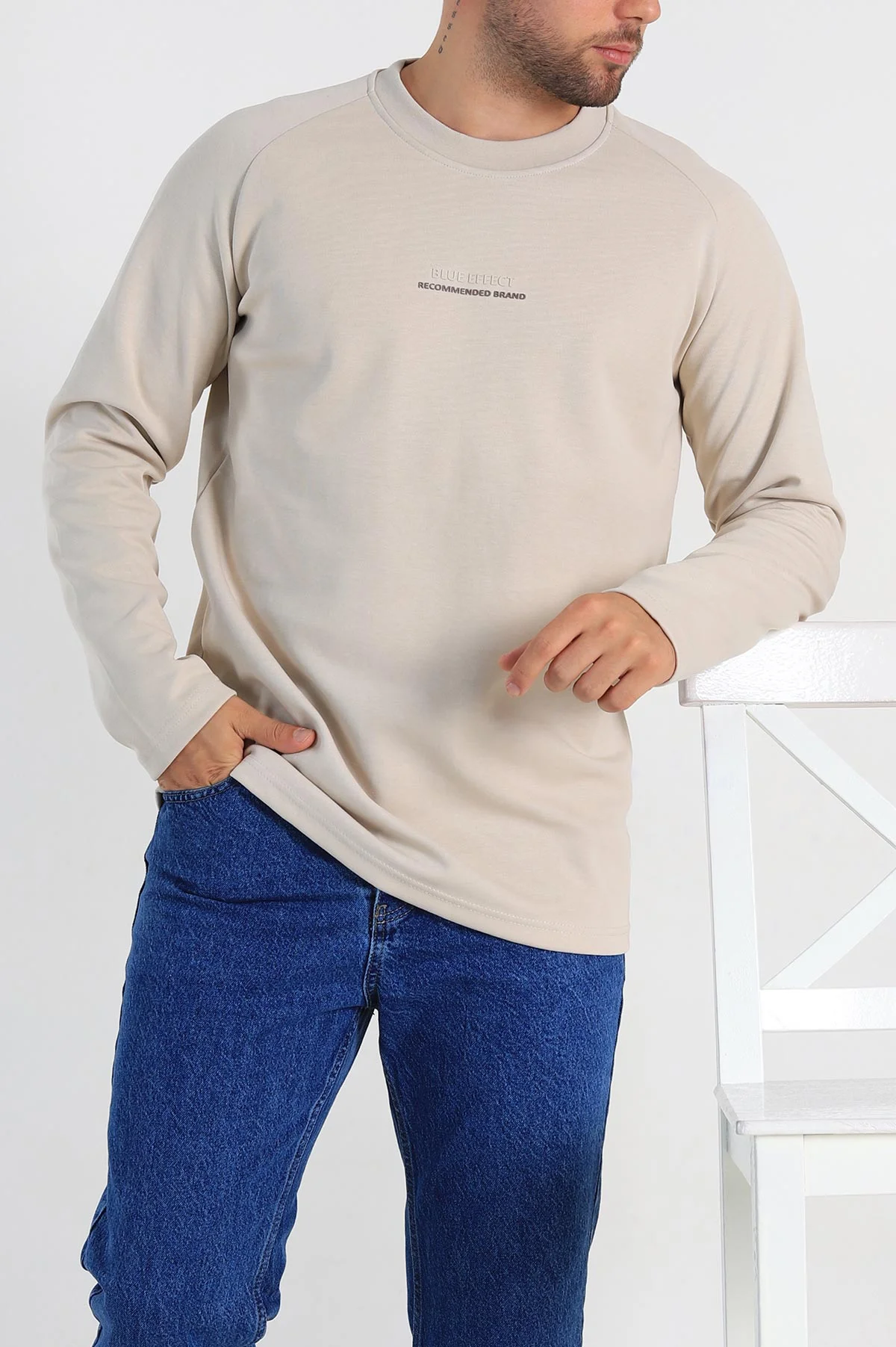 Krem Regular Fit Kabartma Baskılı Erkek Sweatshirt 305849