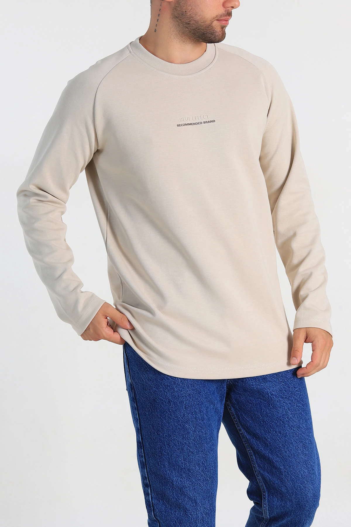 Krem Regular Fit Kabartma Baskılı Erkek Sweatshirt 305849