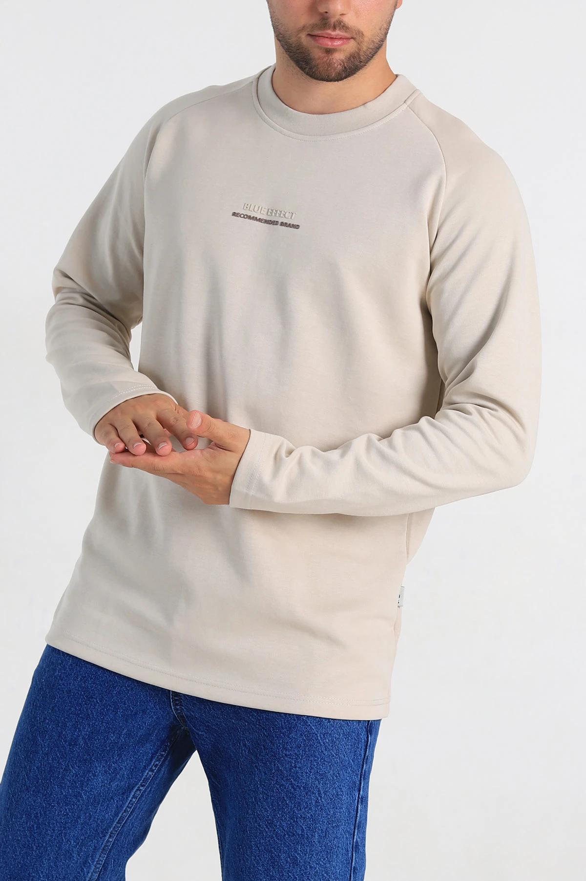 Krem Regular Fit Kabartma Baskılı Erkek Sweatshirt 305849