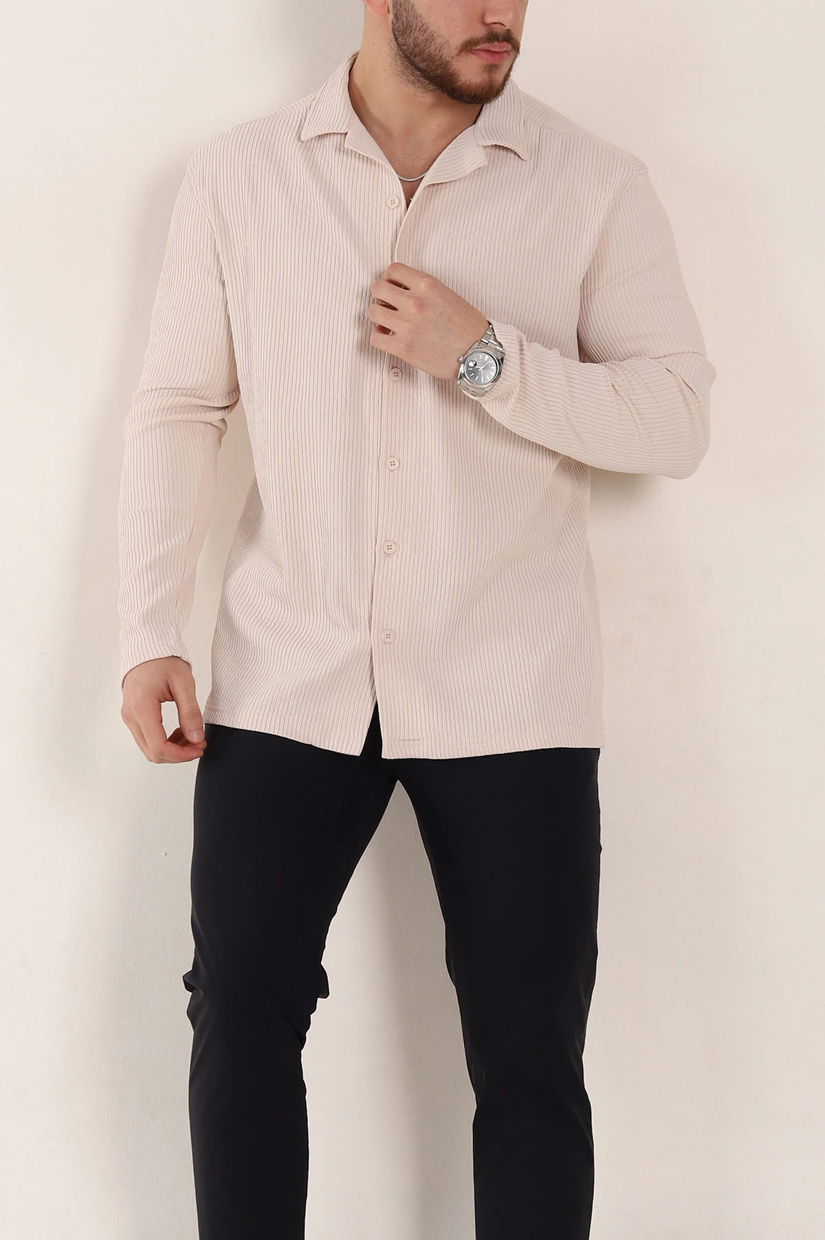 Krem Regular Fit Kalın Fitilli Doku Erkek Gömlek 352014