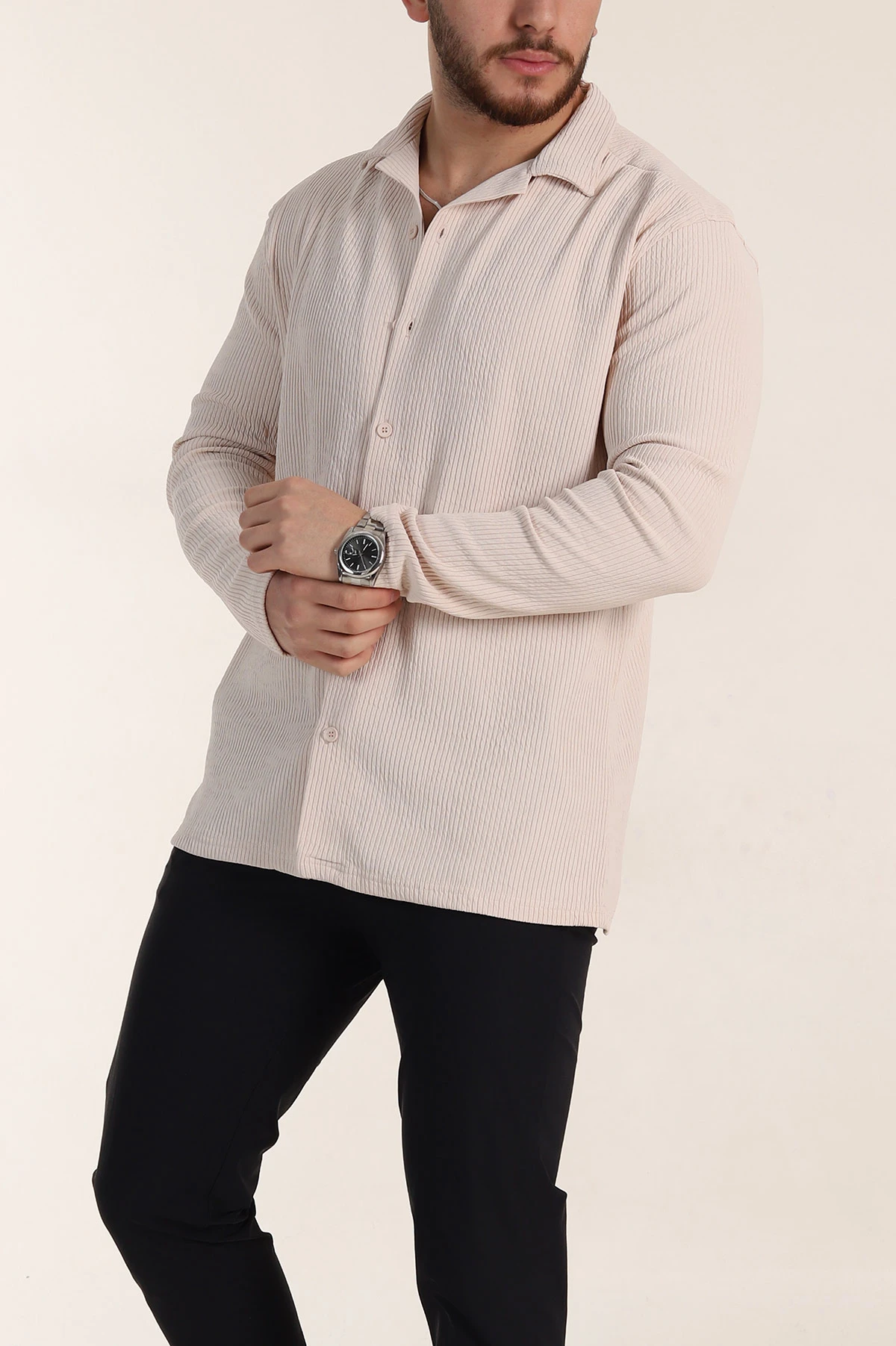 Krem Regular Fit Kalın Fitilli Doku Erkek Gömlek 352014
